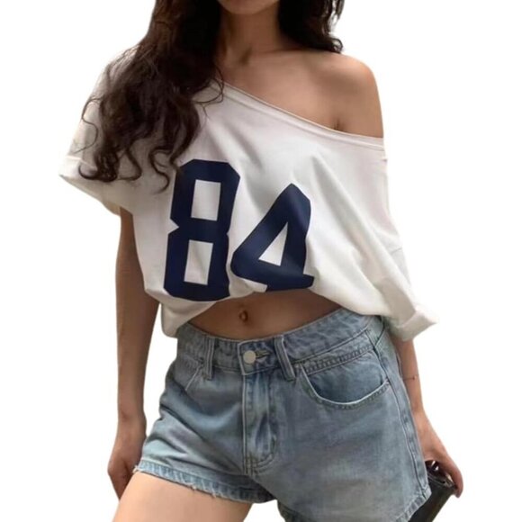Tops - Off The Shoulder Top Women Polyester Short Sleeve Oversized Y2K Tee
